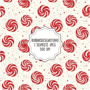 Könnte beinhalten: Ein nahtloses Muster mit rot-weiß wirbelnden Bonbons mit Glitzerakzenten, auf cremefarbenem Hintergrund mit winzigen roten Punkten. Das Bild enthält den Text "ROBBINSDESIGNSTUDIO 1 SEAMLESS JPEG 300 DPI".