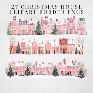 May include: A set of 27 digital clipart images featuring pink Christmas houses with white trim and snow-covered roofs. The houses are arranged in three rows, each with a different configuration. The houses are decorated with wreaths, garlands, and Christmas trees. The images are perfect for creating festive designs for cards, invitations, and other projects.