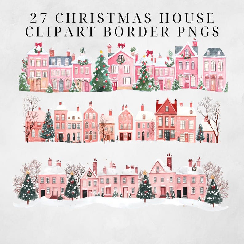 May include: A set of 27 digital clipart images featuring pink Christmas houses with white trim and snow-covered roofs. The houses are arranged in three rows, each with a different configuration. The houses are decorated with wreaths, garlands, and Christmas trees. The images are perfect for creating festive designs for cards, invitations, and other projects.