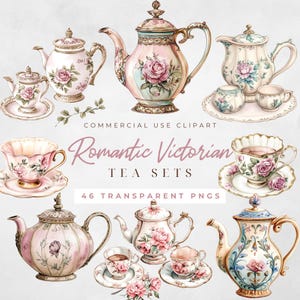May include: A set of vintage teacups and teapots with floral designs. The teacups and teapots are painted in shades of pink, blue, and green. The teacups have gold rims and the teapots have gold handles and spouts. The teacups and teapots are on a white background.  COMMERCIAL USE CLIPART Romantic Victorian TEA SETS 46 TRANSPARENT PNGS