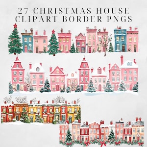May include: A set of 27 digital clipart images featuring illustrations of snow-covered houses with Christmas trees and decorations. The houses are in various colors, including pink, red, yellow, and blue. The images are perfect for creating festive borders, cards, and other crafts.