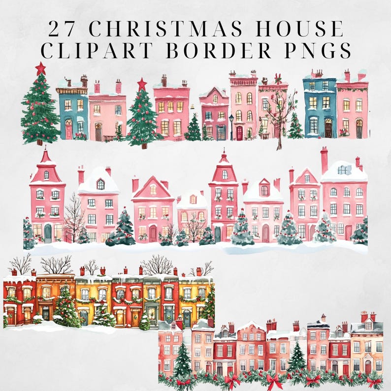 May include: A set of 27 digital clipart images featuring illustrations of snow-covered houses with Christmas trees and decorations. The houses are in various colors, including pink, red, yellow, and blue. The images are perfect for creating festive borders, cards, and other crafts.