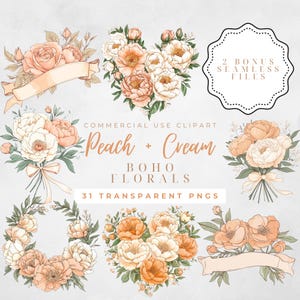 Clipart coeur floral pêche en terre cuite, pack de cliparts floraux rouille, cadres floraux roses pêche, couronne de coeur Png mariage coeur rose pêche