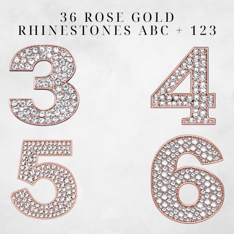 May include: Four rose gold numbers, 3, 4, 5, and 6, each covered in rhinestones. The text "36 ROSE GOLD RHINESTONES ABC + 123" is at the top of the image.