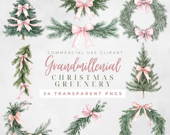 Watercolor Christmas Garland Clipart Garland Pink Bow Watercolor Grandmillenial Christmas Clipart Christmas Clipart Grandmillenial Png