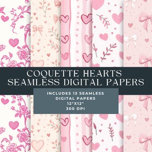 Puede incluir: Un conjunto de 13 papeles digitales con patrones sin costuras en rosa y blanco con corazones, lazos, hojas y diseños florales. Los papeles miden 30,5 cm x 30,5 cm y 300 DPI.