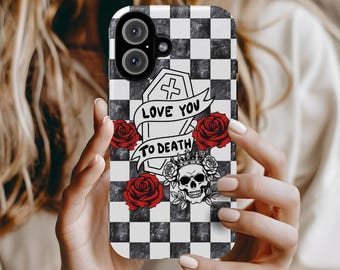 Funda de teléfono de diseño gótico, funda gótica de chatarra, fundas góticas de San Valentín, funda para Galaxy S25, funda con calaveras y rosas para iPhone 16