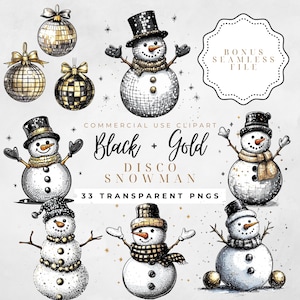 Clipart bonhomme de neige noir et or bonhomme de neige or noir bonhomme de neige original bonhomme de neige groovy bonhomme de neige avec chapeau Noël boule disco Noël rétro