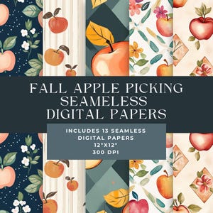 Könnte beinhalten: Ein Set mit 13 digitalen Papieren mit verschiedenen Herbst-Apfelpflück-Motiven. Die Papiere enthalten Muster von Äpfeln, Blumen und geometrischen Designs in Rot-, Grün-, Braun- und Weißtönen. Die Papiere sind 30,5 cm x 30,5 cm groß und haben eine Auflösung von 300 DPI.