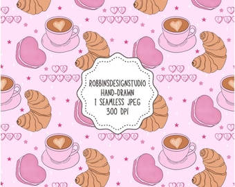 Paris Seamless File Valentine Coffee Seamless Macaron Seamless Digital Paper Croissant Pattern Croissant Seamless Bakery Seamless Heart Cake