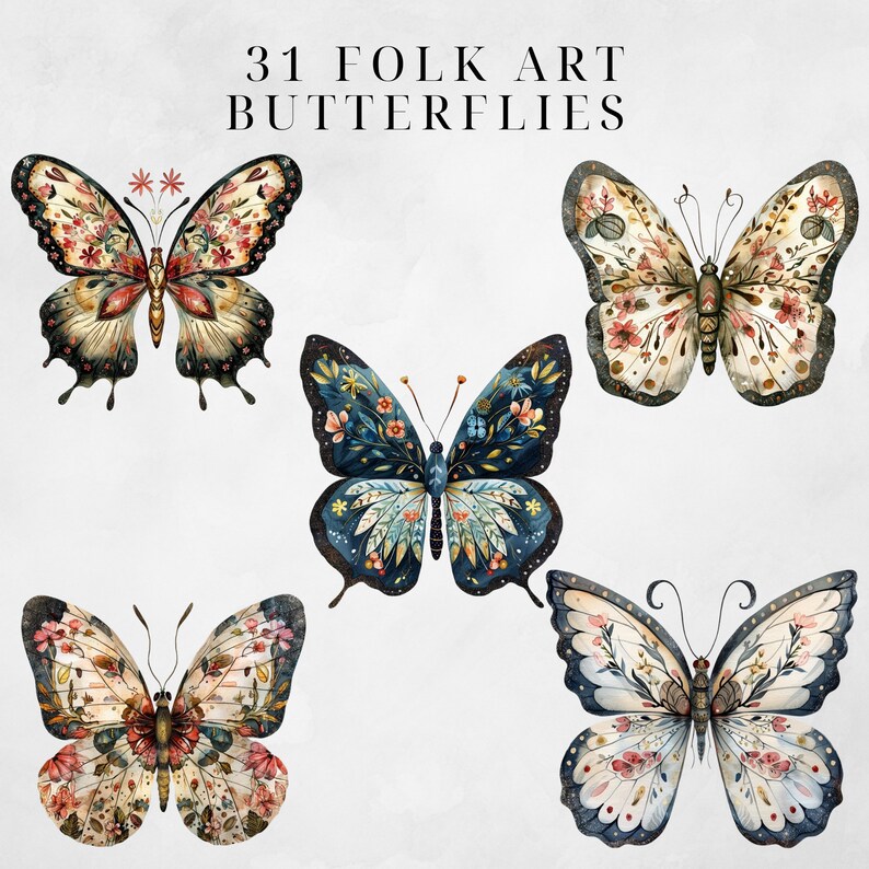 Folklig fjärilsclipart, nyckfull clipart, gouache clipart, nattfjäril clipart PNG, folkkonst, nattfjärilar, kommersiellt bruk, nattfjäril, boho fjäril PNG, skräpjournal bild 5
