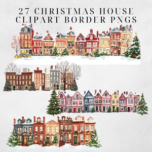 May include: A set of 27 digital clipart images featuring illustrations of a row of colorful houses decorated for Christmas. The houses are lined up in a row with snow on the ground and a Christmas tree in front of each house. The houses are decorated with wreaths, garlands, and lights. The clipart images are perfect for creating holiday cards, invitations, and other festive projects.
