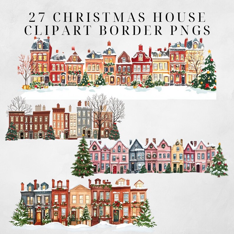 May include: A set of 27 digital clipart images featuring illustrations of a row of colorful houses decorated for Christmas. The houses are lined up in a row with snow on the ground and a Christmas tree in front of each house. The houses are decorated with wreaths, garlands, and lights. The clipart images are perfect for creating holiday cards, invitations, and other festive projects.