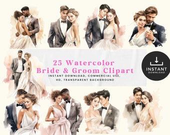 May include: A set of 25 watercolor illustrations of couples in wedding attire. The illustrations are in a romantic style and feature various skin tones and hair colors. The illustrations are perfect for use in wedding invitations, save the dates, and other wedding stationery.