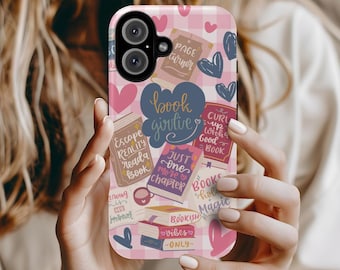 May include: A pink and white phone case with a checkered pattern and various book-themed illustrations. The text on the case includes "book girtive", "escape reality read a book", "just one more chapter", "curl up with a good book", and "books hold magic".