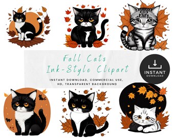 Fall Cats Clipart PNG Bundle, Seasonal Clipart Bundle, Japanese Ink Painting Clipart Bundle, Whimsical Illustrated Clipart, Kitten Clipart