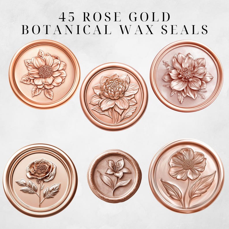 Puede incluir: 45 sellos de cera bot&aacute;nica de oro rosa con dise&ntilde;os florales. Los sellos son redondos y tienen un dise&ntilde;o en relieve. Los dise&ntilde;os incluyen una rosa, un lirio, una dalia y una amapola.
