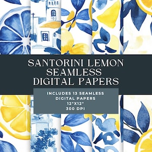 Patrón sin costuras de frutas de Santorini, patrón sin costuras, paquete de flores y frutas, papel de álbum de recortes mediterráneo sin costuras, Santorini, Grecia