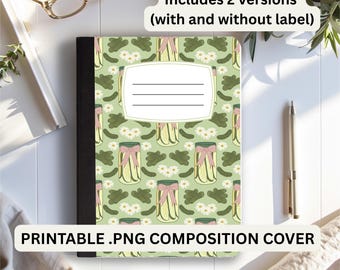 May include: Composition notebook with a light green cover featuring a pattern of pickle jars, pickles, and white flowers. The notebook has a black spine and a white label area. The text "PRINTABLE .PNG COMPOSITION COVER" is at the bottom.