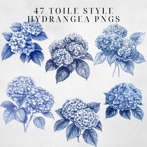 May include: Six blue hydrangea flower illustrations in a toile style. The flowers are drawn in a vintage style with detailed leaves and petals.
