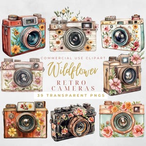Clipart floral aquarelle pour appareil photo des années 80, Clipart floral rétro pour appareil photo, appareil photo aquarelle pour appareil photo, appareil photo vintage, appareil photo Png pour appareil photo floral, appareil photo rétro