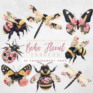 Abeille papillon Clipart coccinelle Clipart rose Boho papillon Clipart libellule Clipart insecte mignon Clipart Boho papillon Baby Shower bébé fille