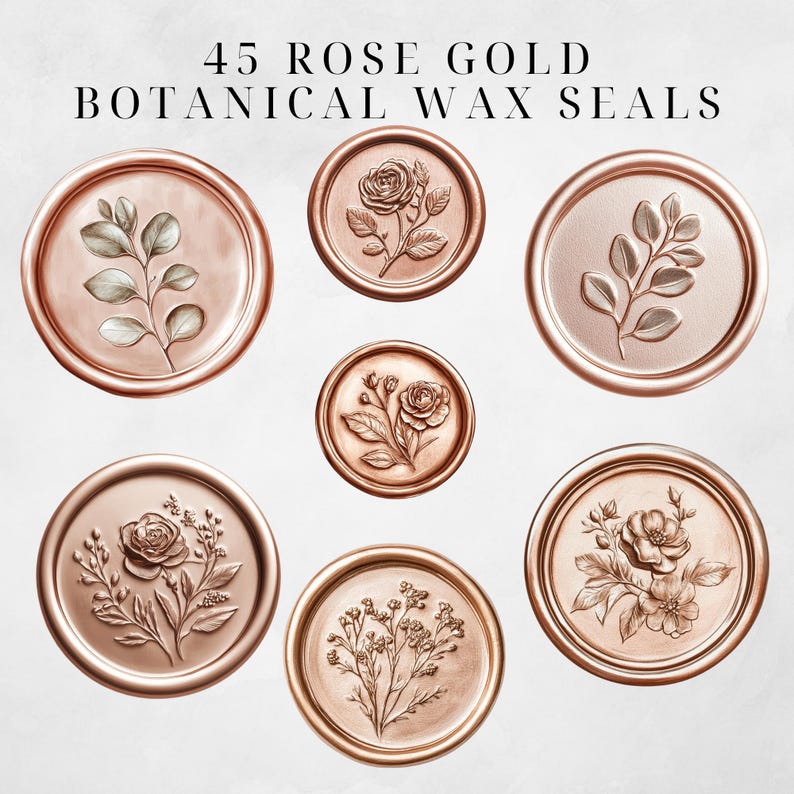 Puede incluir: 45 sellos de cera bot&aacute;nica de oro rosa con varios dise&ntilde;os florales. Los sellos son redondos y tienen un dise&ntilde;o en relieve.