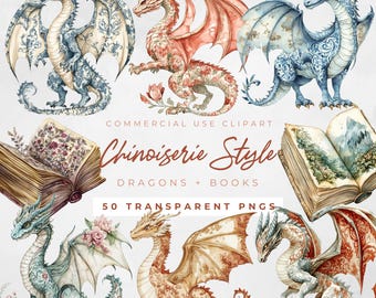 May include: A set of 50 digital clip art images featuring watercolor illustrations of dragons and books in a chinoiserie style. The dragons are depicted in various poses and colors, with intricate floral patterns on their scales. The books are open and feature delicate floral illustrations on their pages. The text "Chinoiserie Style Dragons + Books" is included in the image.