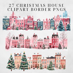 May include: Three rows of watercolor illustrations of a snowy Christmas town with pink and blue houses, snow-covered rooftops, and evergreen trees. The top row includes a red car driving down the street. The bottom row features two large Christmas trees with ornaments and lights.