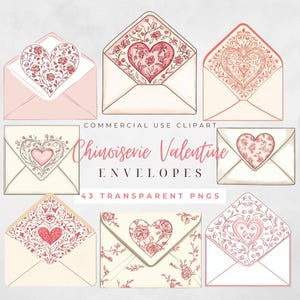 Imágenes prediseñadas de San Valentín chinoiserie Sobre de San Valentín Imágenes prediseñadas de San Valentín chinoiserie rosa Imágenes prediseñadas de carta de amor Sobre floral Corazón romántico de San Valentín chinoiserie