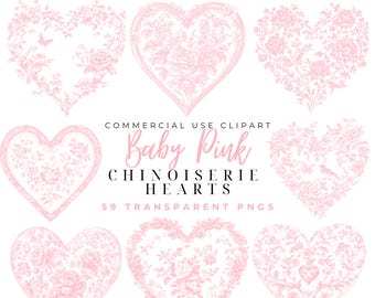 May include: A set of 59 digital clip art images of pink hearts with floral designs. The text "Baby Pink Chinoiserie Hearts" and "59 Transparent PNGs" is included in the image.