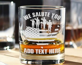 CUSTOM Army Gift Engraved Whiskey Glass PERSONALIZED Army Rocks Glass Veteran Salute Gift for Dad  Fathers Day Gift Army Military Retirement