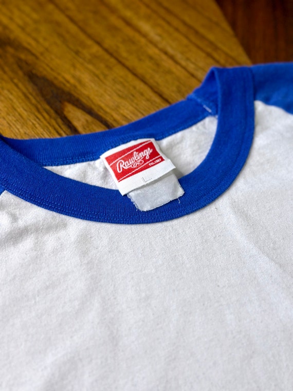 Vintage 80s Baseball Tee Rawlings Blue and White … - image 2