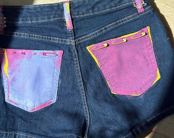Painted Rainbow Denim Shorts Design Party Rave Women&#39;s Coachella Style for Music Festival Outfit for Dancing Women Small
