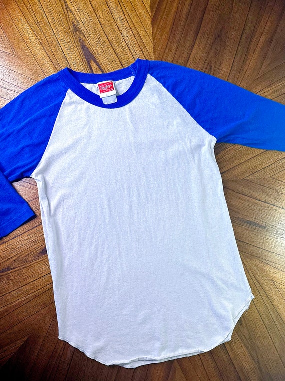 Vintage 80s Baseball Tee Rawlings Blue and White … - image 1