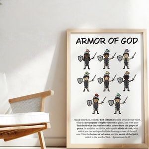 Armor of God Poster | Sunday School Classroom Posters | Christian Playroom Prints | Homeschool Room Decor | Kids Jesus Wall Art