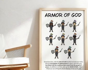 Armor of God Poster | Sunday School Classroom Posters | Christian Playroom Prints | Homeschool Room Decor | Kids Jesus Wall Art