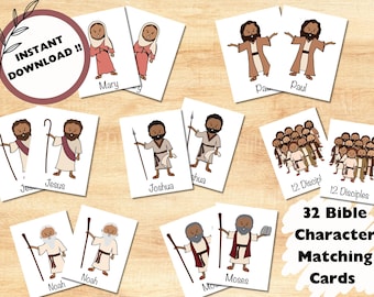 Puede incluir: Un conjunto de 32 tarjetas de juego de personajes bíblicos imprimibles. Las tarjetas presentan ilustraciones de varios personajes bíblicos, incluidos Jesús, María, Pablo, Noé, Moisés, Josué y los 12 discípulos. Cada tarjeta tiene una ilustración y un nombre coincidentes.