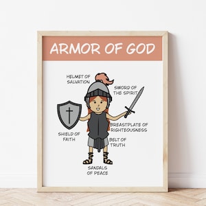 Armor of God Poster | Sunday School Classroom Posters | Christian Playroom Prints | Homeschool Room Decor | Kids Jesus Wall Art