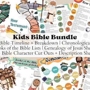May include: A colorful printable bundle for kids learning about the Bible. It includes a timeline, a breakdown of the books, a genealogy of Jesus, and 16 character cutouts with descriptions.