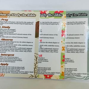 May include: Three colorful cards with the title "How to Study the Bible" and a list of steps to follow. The steps include: Pray, Study, Observe, Interpret, and Apply. Each card has a different floral design.