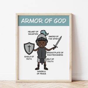 Armor of God Poster | Sunday School Classroom Posters | Christian Playroom Prints | Homeschool Room Decor | Kids Jesus Wall Art