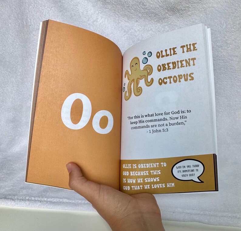 May include: A children's book page with the letter O and an illustration of an octopus. The text reads "Ollie the Obedient Octopus" and includes a Bible verse about obedience.