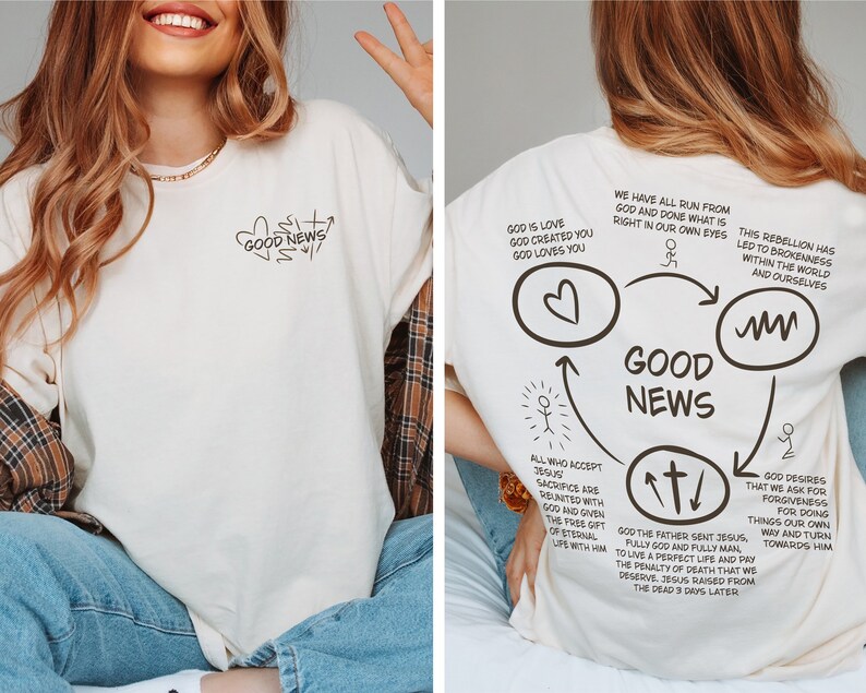 May include: White t-shirt with a graphic design of a heart, cross, and the words "Good News". The back of the shirt has a diagram with the words "Good News" and text about God's love, Jesus' sacrifice, and the free gift of eternal life.