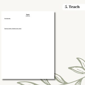May include: A blank white sheet of paper with the heading "Teach" and the text "(Optional)" below it. The text "Final Big Idea" is written in the top left corner. The text "Teaching Outline (Address every verse)" is written in the middle left corner.