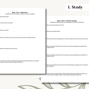 May include: A black and white printable worksheet with the title "Study - Part 1 - Whole Book" and "Study - Part 2 - Particular Passage". The worksheet includes questions to help guide the study of a book or passage.