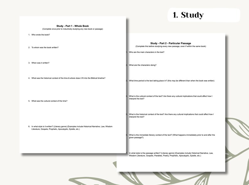 May include: A black and white printable worksheet with the title "Study - Part 1 - Whole Book" and "Study - Part 2 - Particular Passage". The worksheet includes questions to help guide the study of a book or passage.