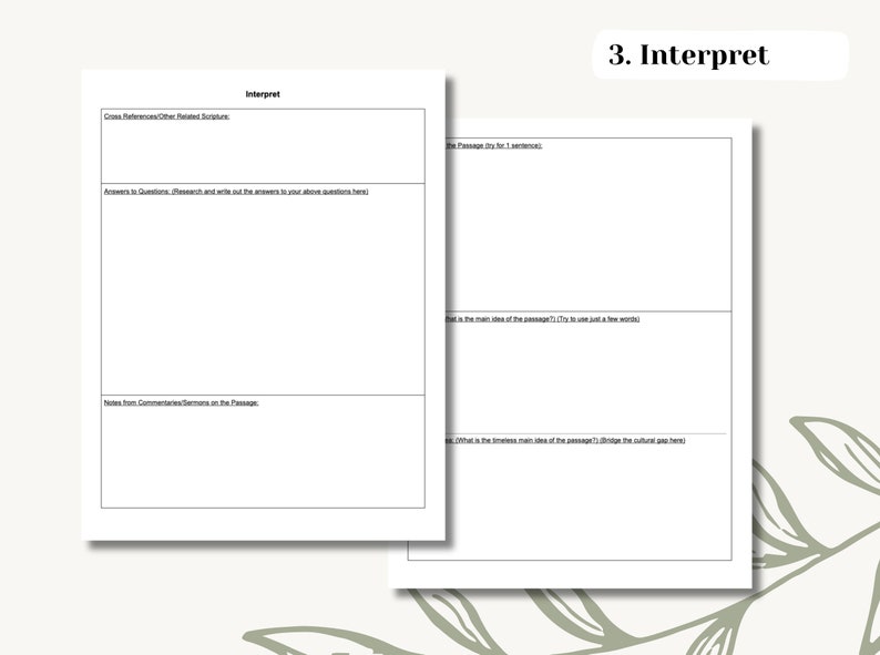 May include: A printable worksheet with the title "Interpret" and instructions for cross-referencing scripture, answering questions, and taking notes from commentaries.