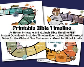 May include: Printable Bible timeline PDF with colorful illustrations and dates for events in the Old and New Testaments.  Great for kids and adults.  Includes events like Creation, The Fall, The Flood, Jesus's birth, and Jesus's death.