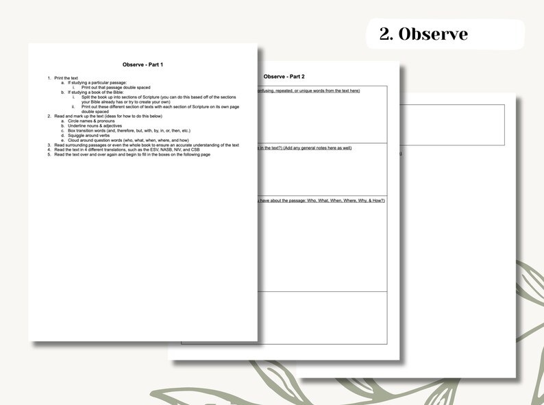 May include: A printable worksheet with instructions for observing and analyzing a passage of text. The worksheet is divided into two parts, "Observe - Part 1" and "Observe - Part 2".